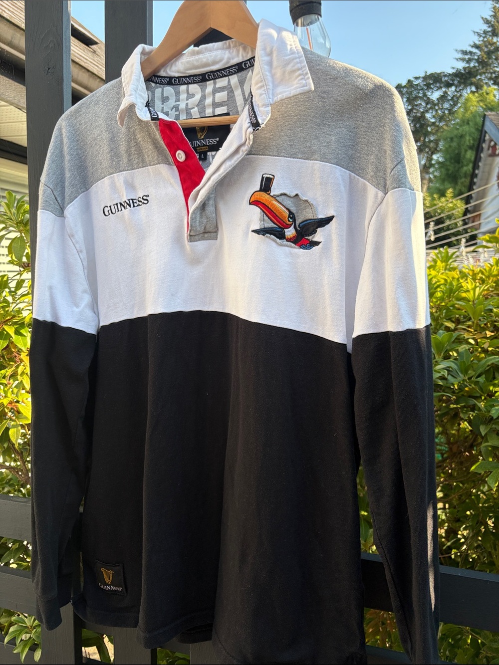 Guinness Men’s Long-Sleeve Rugby jersey Shirt - White/Black/Grey with Toucan